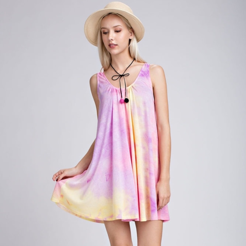Soft Tie Dyed Mini Dress Dye - Pink Purple Yellow